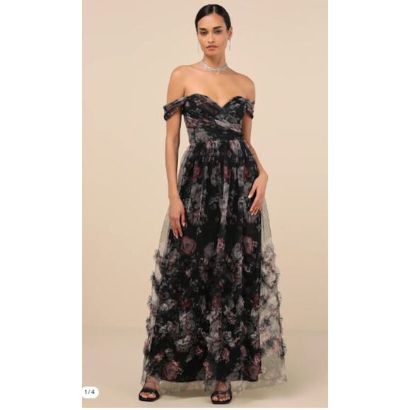 Lulus Ideal Beauty Black Floral Mesh off-the-Shoulder Maxi Dress Size XL - Picture 6 of 8